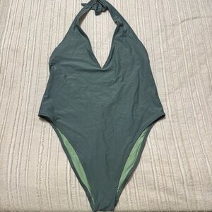 Aerie Green Super Plunge Halter One Piece Backless Swimsuit